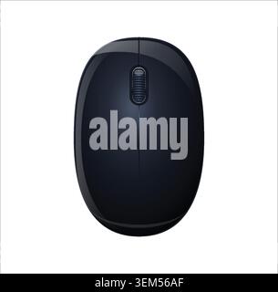 Vector illustration of a sleek black wireless computer mouse featuring a textured scroll wheel and a glossy finish, isolated on a white background. Stock Vector