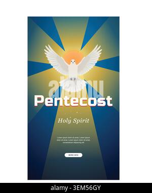 Vector banner illustration for Pentecost Sunday featuring a white dove as the Holy Spirit with glowing light rays on a dark blue background. Stock Vector