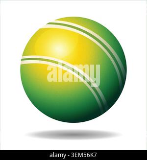 Green and yellow vector illustration of a stylized tennis ball with distinctive white curved lines and a realistic drop shadow on a white background. Stock Vector