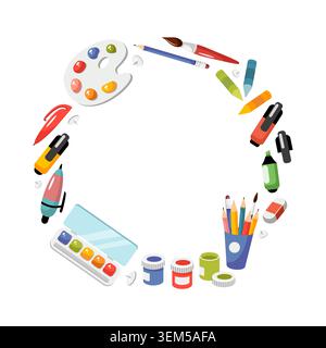 Painting and drawing elements set round frame, circle frame, copy space. Watercolor paints, paint brush, pencil, palette, gouache, crayon. Vector Stock Vector