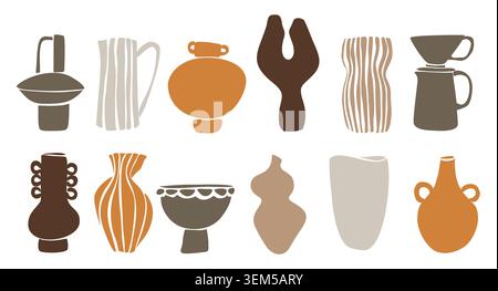 Hand-drawn pottery collection in warm earth tones Stock Vector