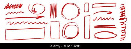 Set of arrows, ovals and rectangles with crayon, chalk and pastel texture. Handwritten design elements for study or diary. Sketch vector illustration isolated on a white background. Stock Vector