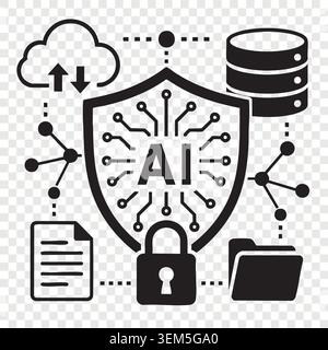 Artificial intelligence security shield protecting cloud storage database server and network files Stock Vector