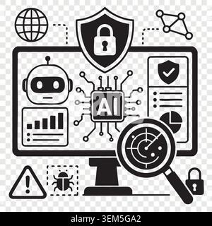 Monitor dashboard screen showing cybersecurity artificial intelligence monitoring with analytics charts and search radar Stock Vector