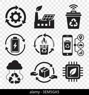 Circular economy system icons set with green technology recycling arrow battery compost bin and leaf chip Stock Vector