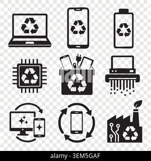 Electronic waste recycling icons collection with laptop computer phone shredder machine and hardware batteries Stock Vector