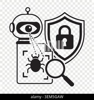 Cyber security artificial intelligence robot scanning software code to detect system bug under protection shield Stock Vector