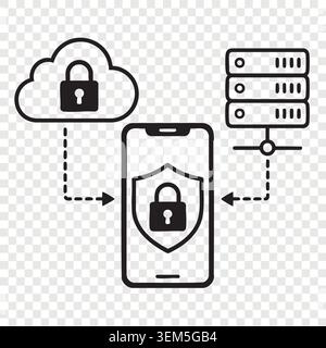 Cloud storage synchronization with smartphone screen lock data protection and web hosting server racks Stock Vector