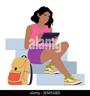 Young woman sits on steps, focused on tablet. Stock Vector