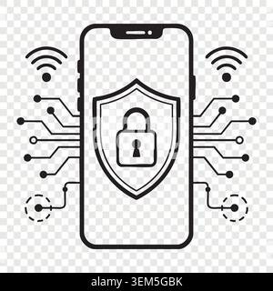 Smartphone security screen lock shield protecting digital information over wireless network connection Stock Vector