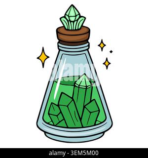 Enchanting vector potion bottle with glowing green crystals and magical sparkles Stock Vector