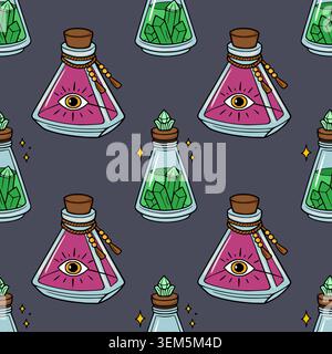 Mystical potion bottle vector seamless pattern with all-seeing eye and green crystals Stock Vector