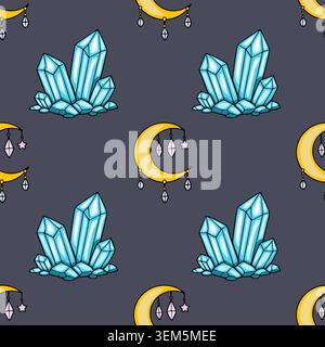 Seamless vector pattern of sparkling blue crystals and a crescent moon with dangling charms on a dark background Stock Vector