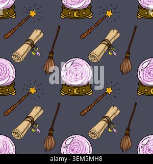Whimsical magic vector pattern with crystal ball, wand, broom, and scroll Stock Vector