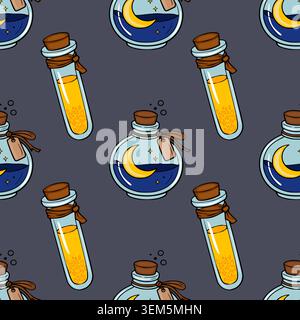 Seamless vector pattern of magic potions with crescent moon and stars, test tubes with yellow liquid Stock Vector