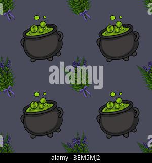 Whimsical vector pattern of bubbling witch cauldrons and herbal bouquets on a dark background Stock Vector