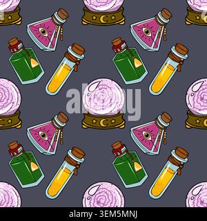 Mystical potion and crystal ball seamless pattern vector illustration Stock Vector