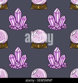 Mystical purple crystal and fortune teller orb seamless vector pattern Stock Vector