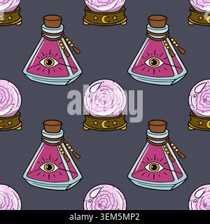 Mystical potion bottle and crystal ball vector seamless pattern, occult symbols, magic, witchcraft, esoteric background Stock Vector