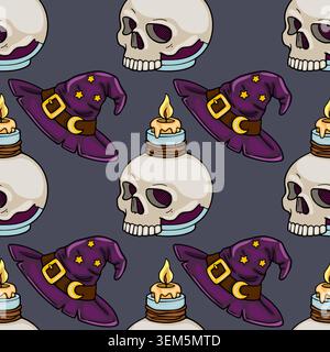 Spooky Halloween vector pattern with witch hats, skulls, and candles Stock Vector