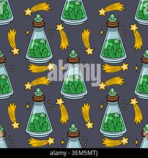 Seamless vector pattern of magic potion bottles filled with green crystals and shooting stars Stock Vector