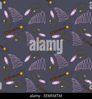 Whimsical vector pattern of magic wands, crystals, and celestial charms on a dark background Stock Vector