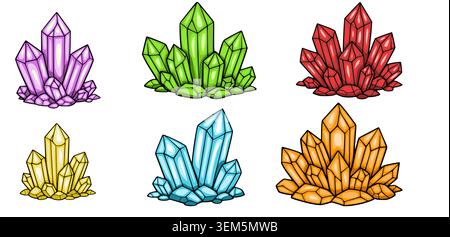 Set of vibrant, faceted crystal cluster illustrations, vector Stock Vector
