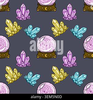 Mystical seamless pattern vector illustration with colorful crystals and a fortune teller's crystal ball Stock Vector
