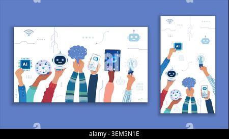 Diverse Hands Holding AI Tools Empowering Workforce Digital Transformation Business Stock Vector
