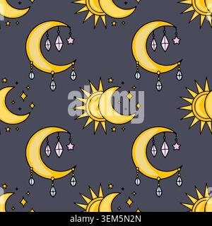Seamless vector pattern of whimsical sun and moon with hanging crystals and stars on a dark background Stock Vector