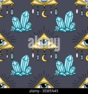 Mystical seamless vector pattern with glowing crystals and all-seeing eye symbols Stock Vector