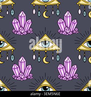 Esoteric seamless pattern vector with mystical all-seeing eye and vibrant purple crystals Stock Vector