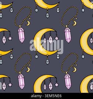 Whimsical crescent moon and crystal pendant vector seamless pattern Stock Vector