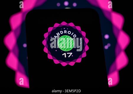 Paris, France - 5 June 2026: Android 17 logo displayed on a smartphone screen. Stock Photo