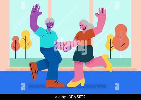 Energetic elderly couple dancing together happily indoors in corporate memphis style. Flat design vector illustration. Stock Vector