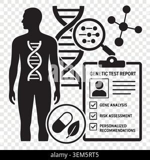 Human body outline with dna helix model medical test report clipboard flask capsule and genetics data analytics Stock Vector