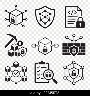 Crypto mining factory icons collection with pickaxe block data server document code and security firewall Stock Vector