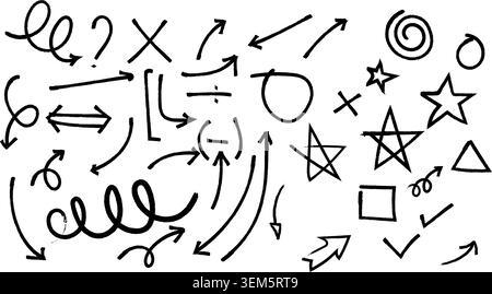 A collection of various hand-drawn doodle arrows, pointers, and simple geometric shapes like stars, circles, and squares on a white background. Stock Vector