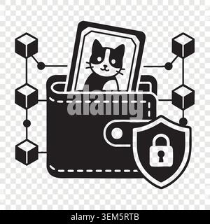 Digital crypto wallet holding cat avatar nft token protected by security shield and lock padlock Stock Vector