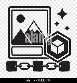 Digital art painting asset secured inside blockchain network with cryptographic cube and chain elements Stock Vector