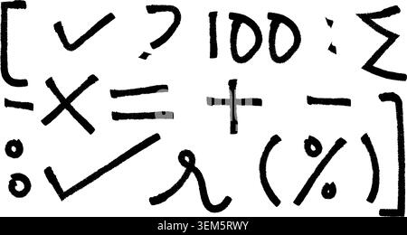 A vector graphic showcasing a variety of hand-drawn math symbols, punctuation marks, and numbers, rendered in a rough, sketchy black line art style. Stock Vector