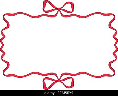 Festive isolated vector red ribbon frame outlining a rectangular shape, featuring decorative bows at the top and bottom center, ideal for greeting car Stock Vector