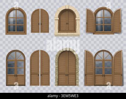 Wooden window and doors with shutters Stock Vector