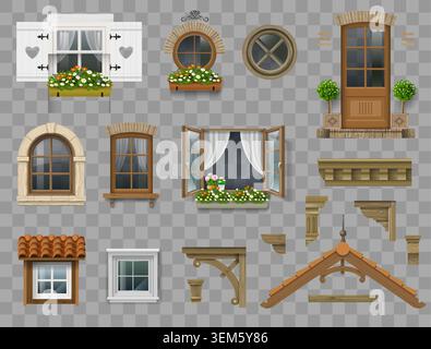 A set of various wooden facade elements Stock Vector