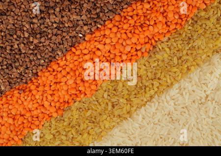 Diagonal stripes of colorful dry grains with buckwheat, red lentils, bulgur and white rice forming a neat textured background. Stock Photo