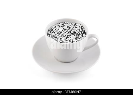 Cup of coffee with many black and white letters from newspapers and magazines isolated on white background with clipping path. Hot news concept Stock Photo