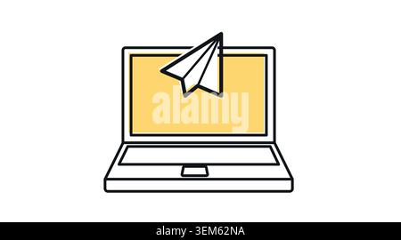 Laptop paper plane icon: portable notebook computer displaying flying paper airplane, modern black line art with offset color fill vector for message Stock Vector