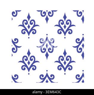 Traditional Kyrgyz ornament seamless pattern with blue folk geometric element and tile motif on white background for interior wallpaper Stock Vector