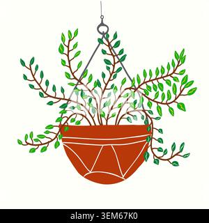 Decorative hanging plant with trailing leafy branches. Simple botanical illustration in flat hand drawn style Stock Vector