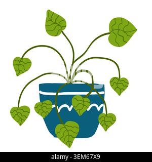 Potted houseplant with heart shaped leaves and curved stems. Simple botanical illustration in flat hand drawn style Stock Vector